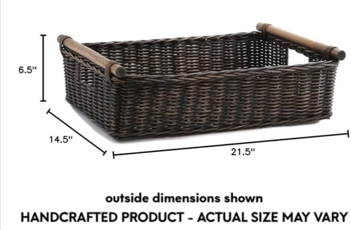 The Basket Lady Low Pole Handle Wicker Storage Basket, Extra Large, 21.5 in L x 14.5 in W x 6.5 in H, Antique Walnut Brown