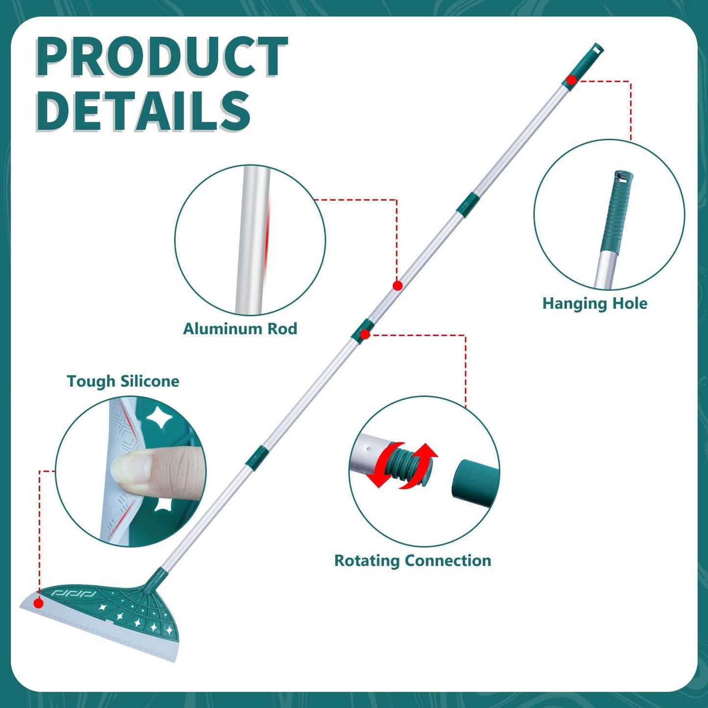 Magic Air Broom Rubber Floor Squeegee for Glass and Floors with Long Aluminum Adjustable Handles,60inch Silicone Squeegee Broom or Pet Hair, Dust and Liquids (Green)