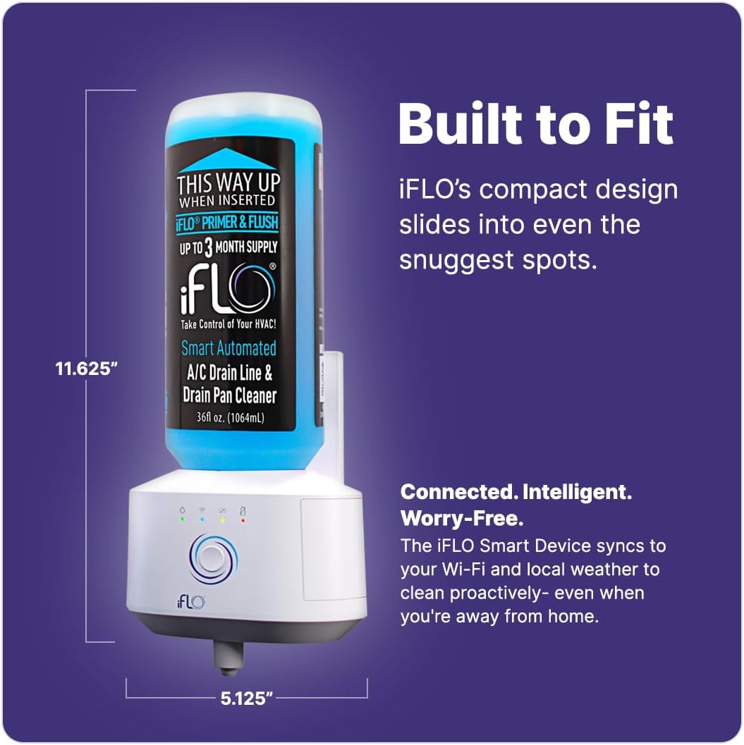 iFLO® Smart A/C Drain Line Cleaner and Drain Pan Cleaner Cartridge, Fast-Acting, Long-Lasting HVAC System Solution for Tough Clogs & Buildup, 3-Month Supply per Bottle, 2 Pack of 36oz