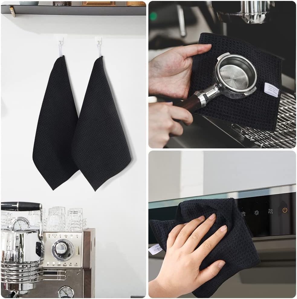 KinHwa Microfiber 6 Pack Dish Cloths Thick Waffle Weave Kitchen Dish Drying Towel Rags Super Absorbent Kitchen Tea Towels Sets 12inch x 12inch Black
