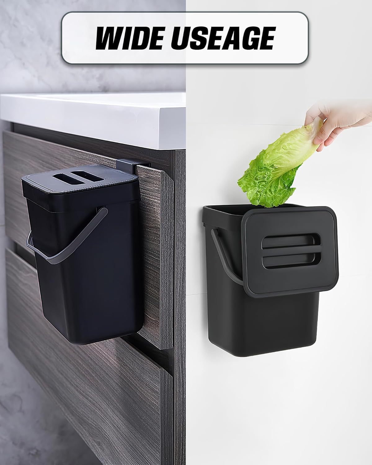 Countertop Compost Bin - 1.3 Gallons Hanging Small Trash Can with Lid for Kitchen Bathroom, Under Sink Kitchen Trash Can, Indoor Counter Compost Bucket with Lid, 5L(Black)
