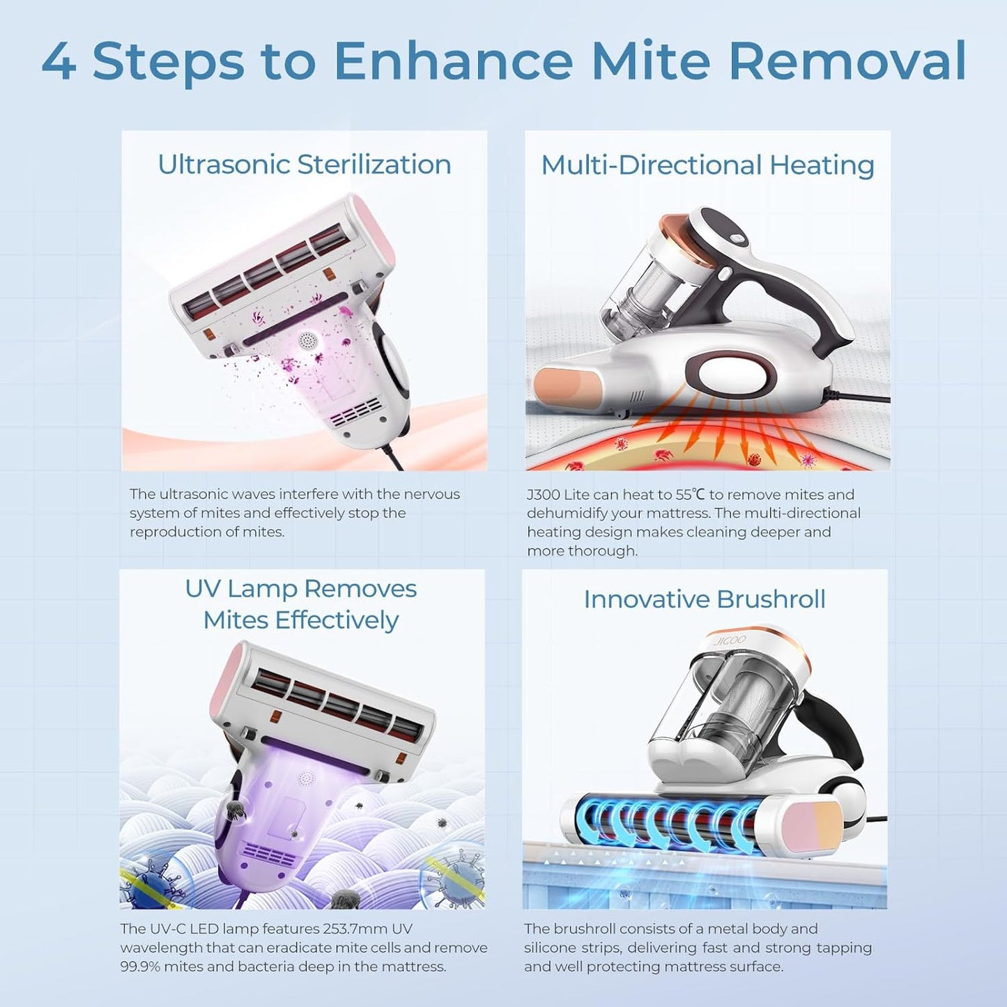 JIGOO J300 Lite Mattress Vacuum Cleaner,Bed Vacuum Cleaner with Dust Sensor with 253.7nm UV-C Light,Ultrasonic and High Heating Multifunctional Handheld Vacuums for Bed, Sofa, Couch (Corded)