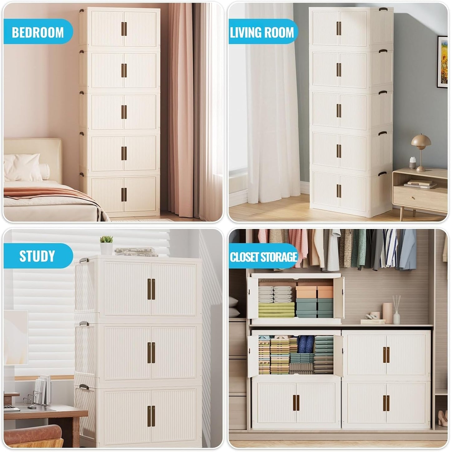 520QT/130GAL Stackable Storage Bins with 1 lid Storage Closet Organizers and Drawer Foldable Storage Bins Container with door Collapsible Storage Box for Home Office Dorm Room(104Qt X 5),White