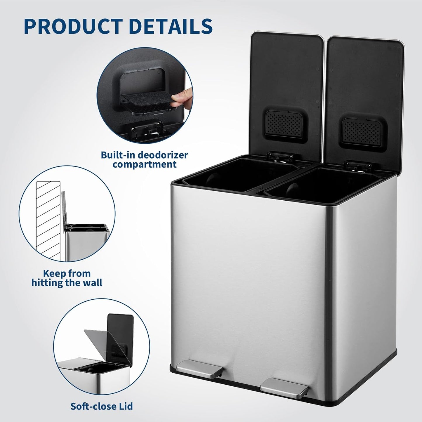 GarveeHome Dual Trash Can, 2x4 Gallon (2x15L) Stainless Steel Step Trash Can, Rectangular Garbage Can for Kitchen, Office with 2 Compartments, Removable Inner Buckets, Soft-Close Lid, Silver