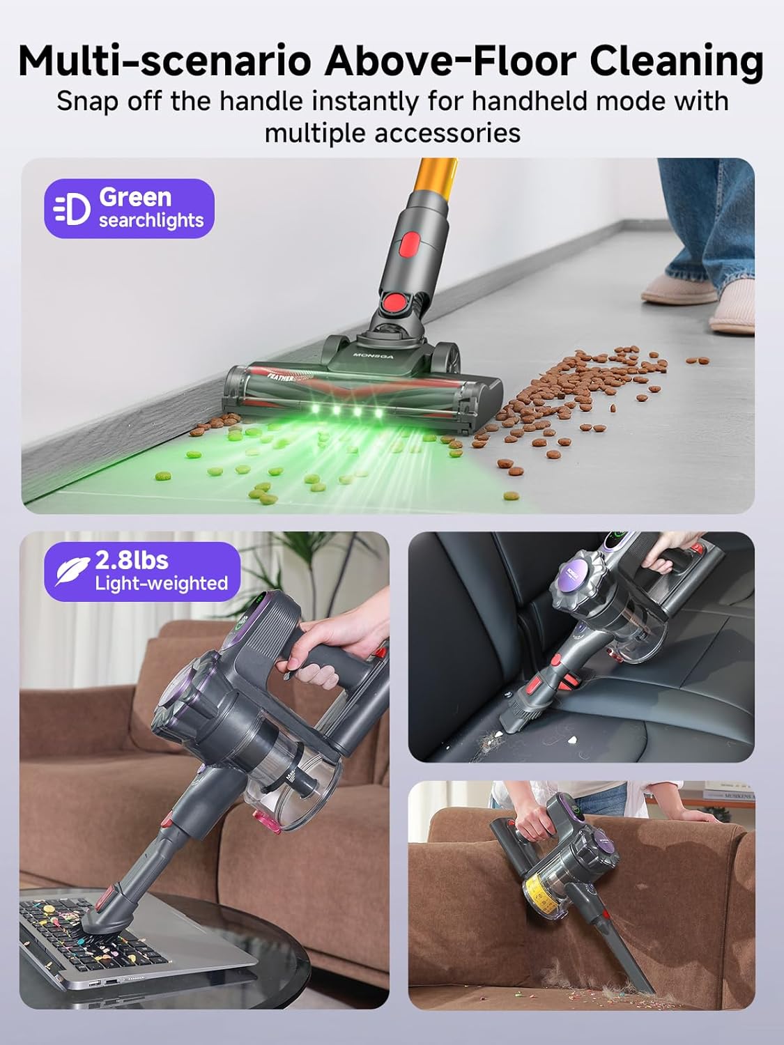 MONSGA Cordless Vacuum Cleaner, 45KPa 400W Stick Vacuum for Home, 50Mins Anti-Tangled Vacuum Cleaner with Charging Dock, Light-weighted Handheld Vacuum for Pet Hair/Carpet/Floor, LED Touch Display,MV3