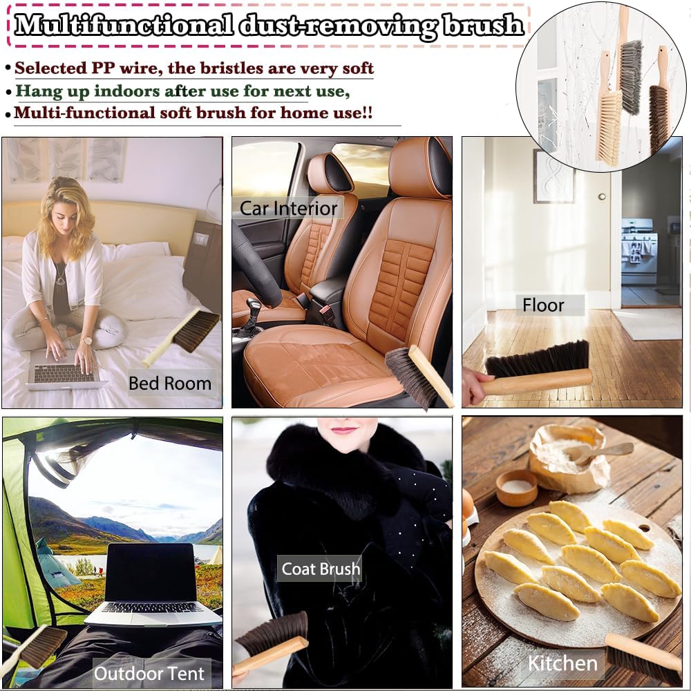 Hand Broom Beech Wood Brush,Dust Brush,Duster for Counter,12inch Foxtail Bench Brush, Round Handle Handheld Brushes,5 Rows Soft Bristles for Bed,Shop Table,Woodworking Cleaning,Car,Sofa,Furniture