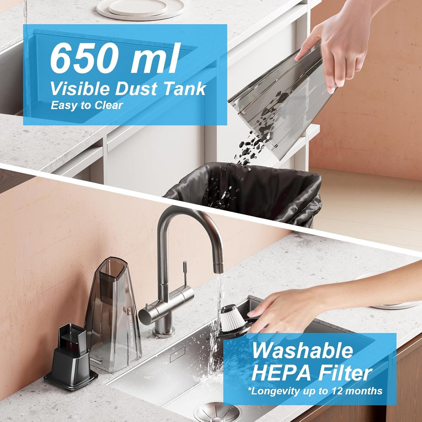 9700Pa Handheld Vacuum Cordless, 100W Portable Car Vacuum, Wet Dry Hand Held Vacuum, Lightweight Low-Noise Washable HEPA Filter Vacuum Cleaner for Car/Home/Pet/Office