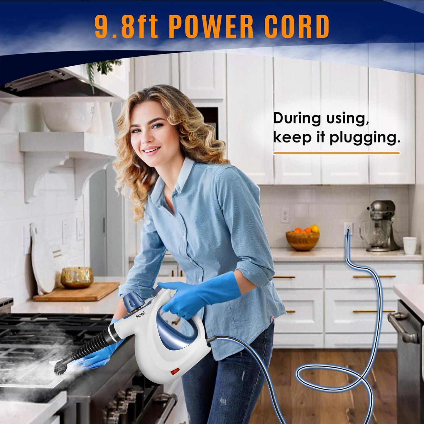 Pressurized Handheld Multi-Surface Natural Steam Cleaner with 12 pcs Accessories, Multi-Purpose Steamer for Home Use, Steamer for Cleaning Floor, Upholstery, Grout and Car (White&Blue)