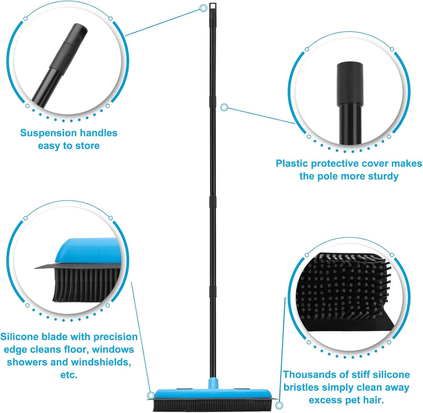 KeFanta Rubber Broom Carpet Rake for Pet Hair Removal, 51" Long Handle Fur Remover Broom with Squeegee, Pet Hair Broom for Carpet, Hardwood Floor, Tile