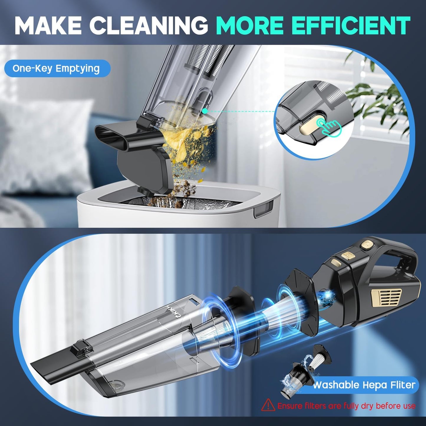 Handheld Vacuum Cordless, 15000PA Strong Suction Hand Held Car Vacuum Cleaner Portable with Multi-Nozzles & Washable Filter, Lightweight Dust Busters Rechargeable for Home, Car, Office, Pets