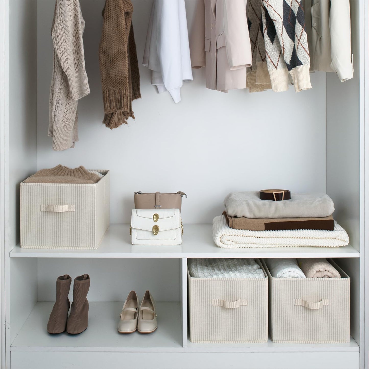 StorageWorks Storage Baskets for Shelves, Foldable Fabric Closet Storage Bins with Handles, Fabric Storage Bins Clothes Organizer, Beige Stripes, 3-Pack, Extra Large