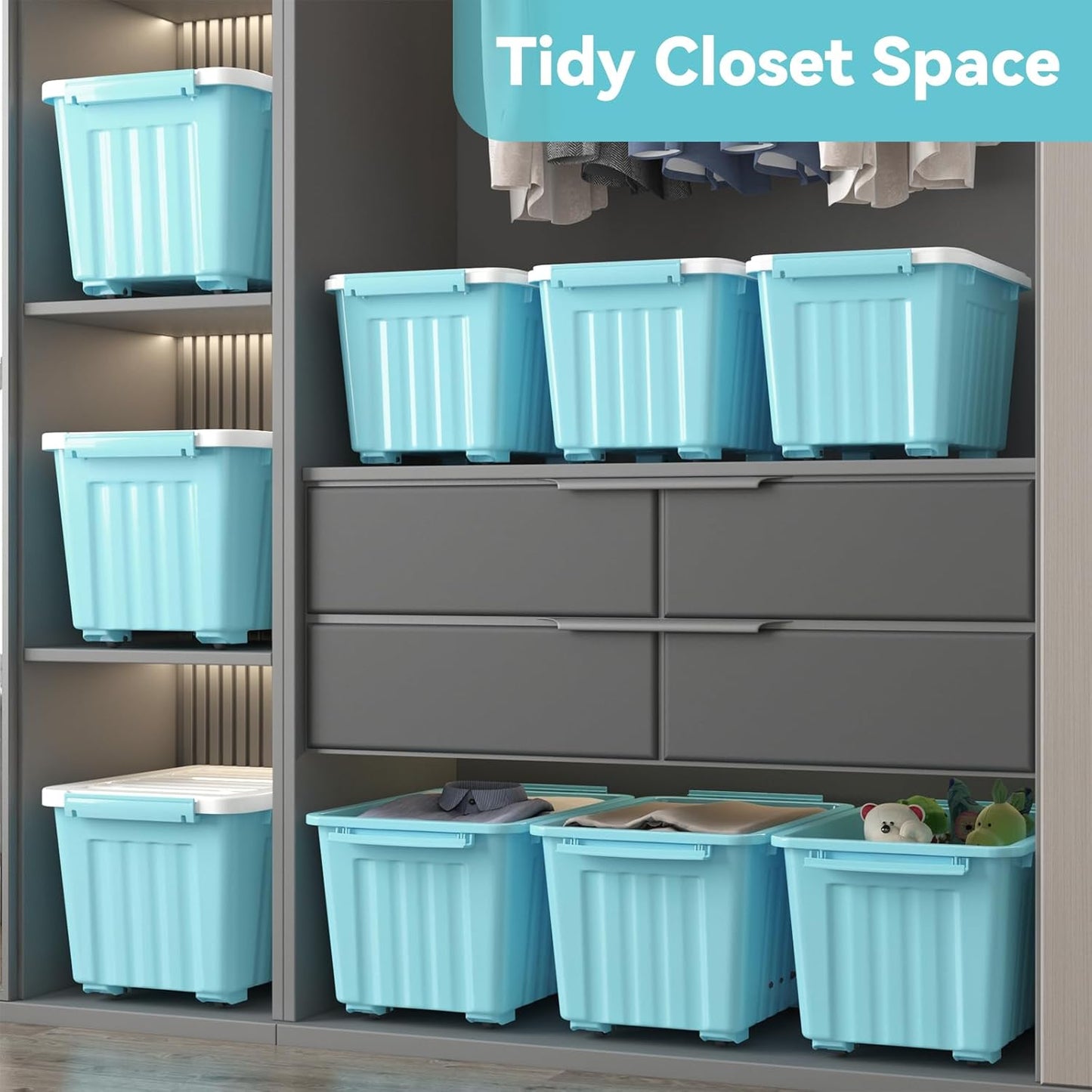 Nazhura 97 Quart Plastic Storage Bin, Blue Stackable and Nestable Storage Boxes with White Lids and Secure Latching Buckles, Large Storage Container, 97 Qt-4 Pack (Blue, 97Quart-4Pack)