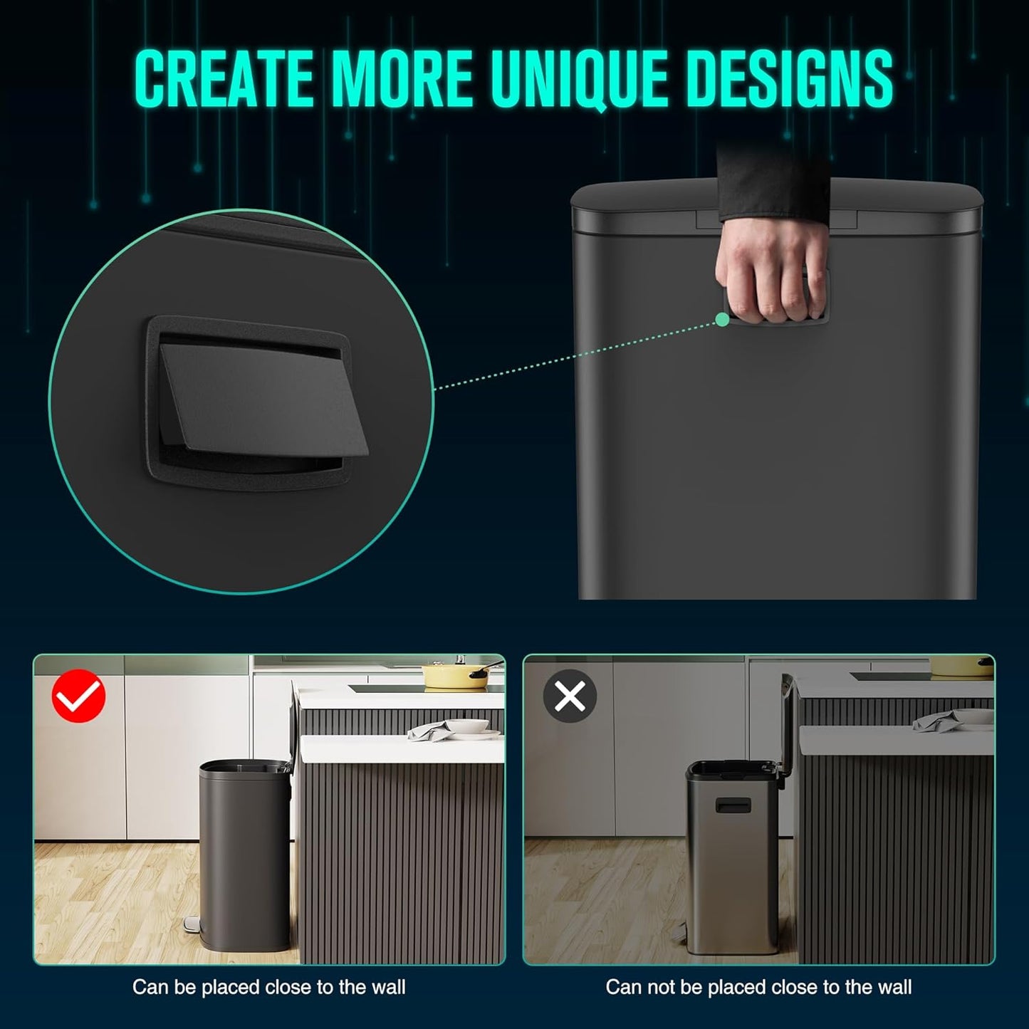 13 Gallon Stainless Steel Foot Pedal Large Trash Can with Soft Close Quiet Curved Surface Top Lid and Deodorant Storage Space, with 30 Garbage Bags for Kitchen/Home/Office Trash can and More - Black