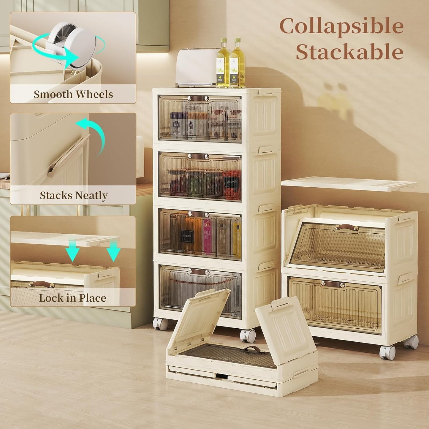 5 Tier - 34QT Storage Bins with Lids, Collapsible Storage Bins with Doors and Wheels, Plastic Storage Cabinet for Easy Storage and Organization for Living Room, Office