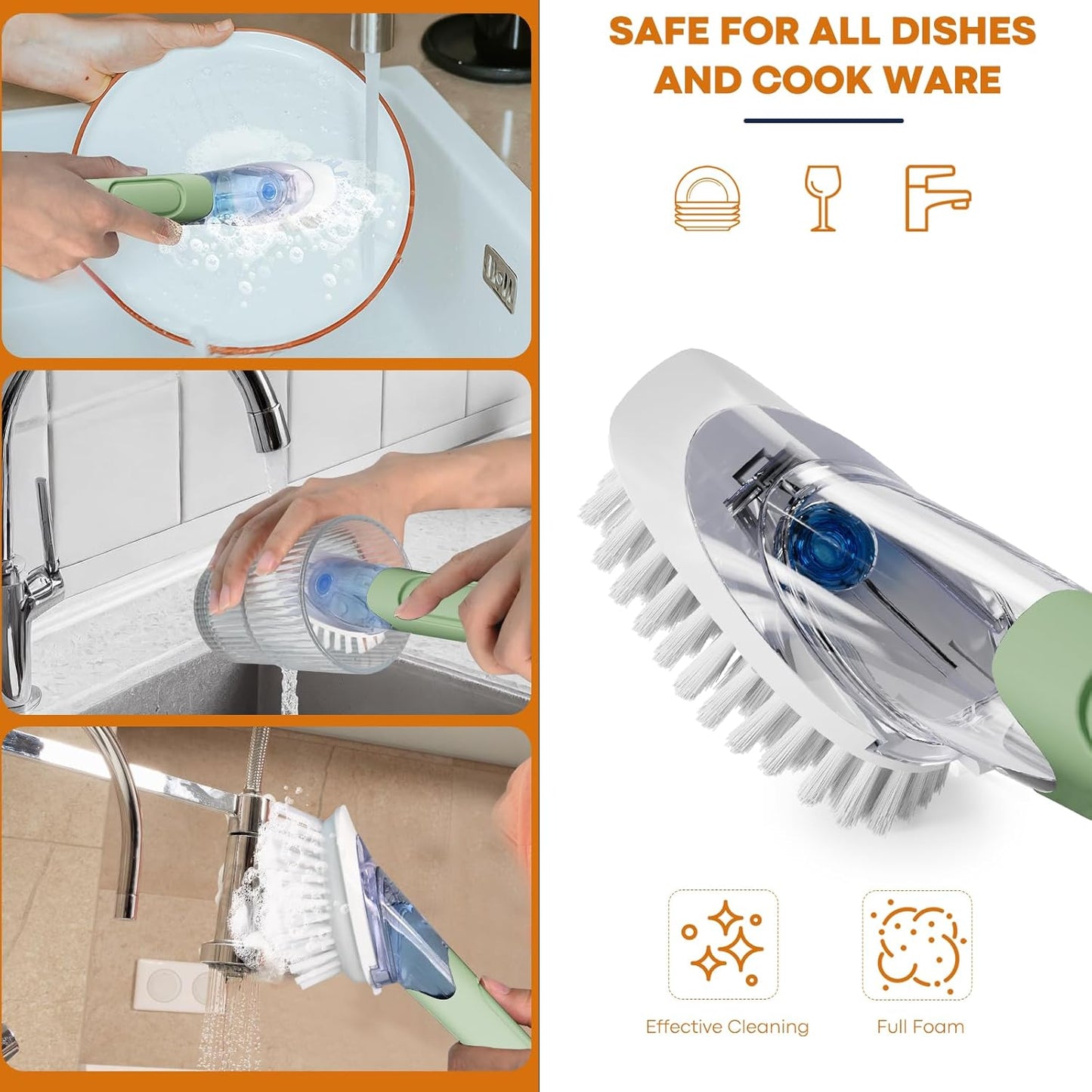 Soap Dispensing Replacement Dish Brush Storage Set with 2 PCS Brush Refills & Holder - RIMAY Dispenser Scrub Cleaning Scrubber Kitchen Dishwashing Dish Wand Handle for Dishes/Pans/Pots/Sink(Green)