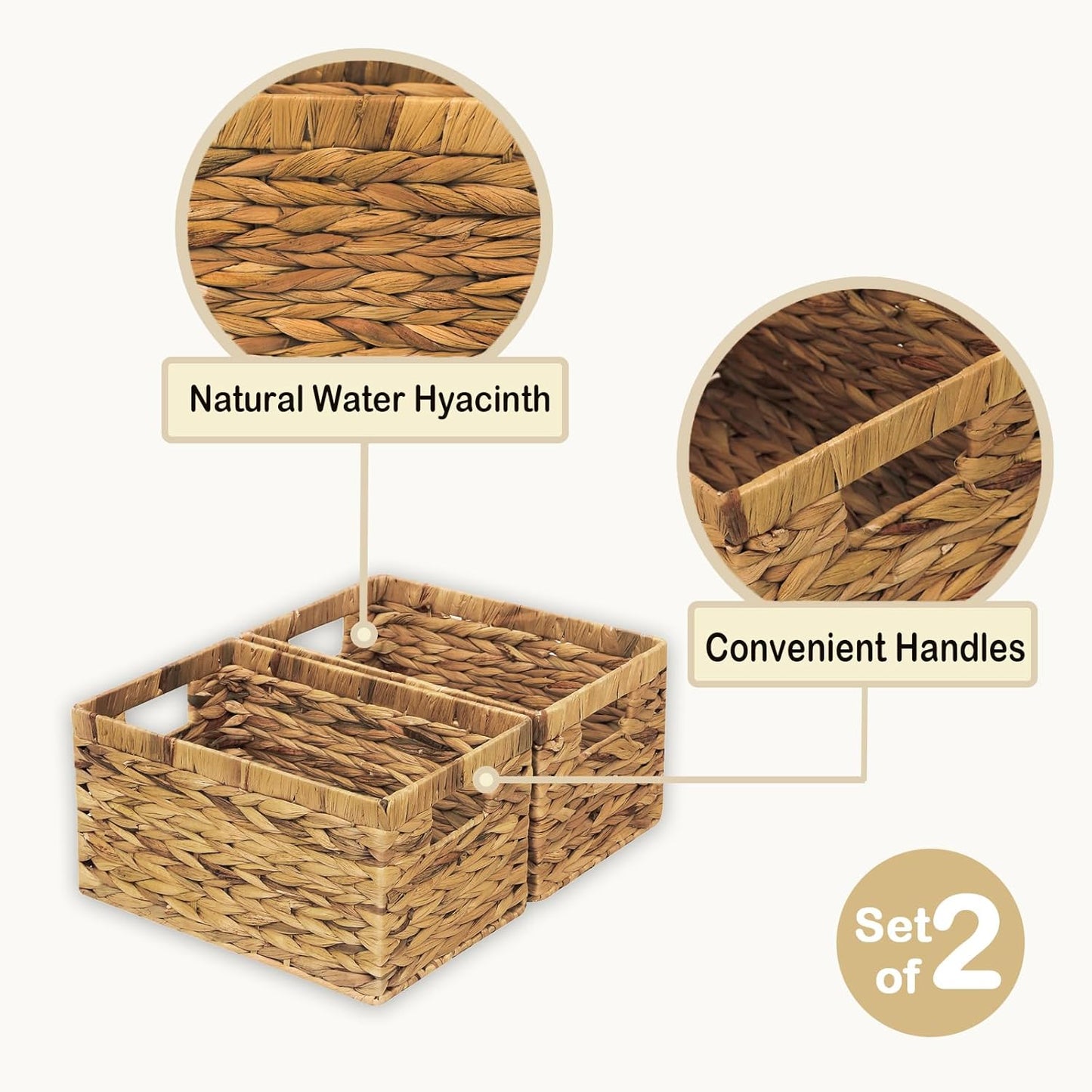 Rectangular Storage Basket 2PCS Water Hyacinth Baskets,Hand-Woven Baskets with Handles,12.99x7.08x8.26″for Living Bedroom Organizing Shelves