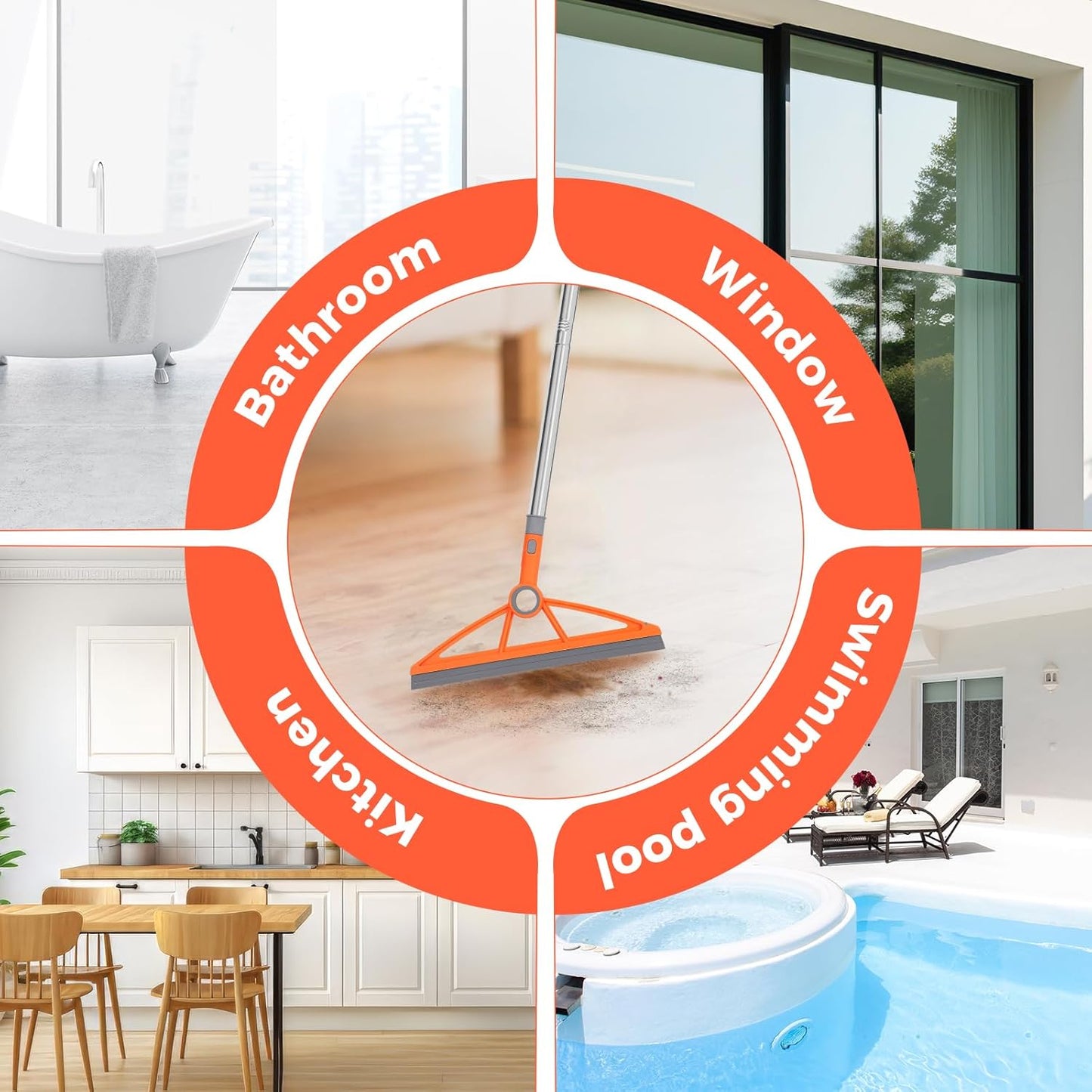 2-in-1 Air Broom, 180° Rotating 54 Inch Adjustable Silicone Rubber Broom Includes 2 Scraping Strips, Sweep and Silicone Tools with Long Handle for Cleaning Bathrooms,Glass,Tiles,Pet Hair