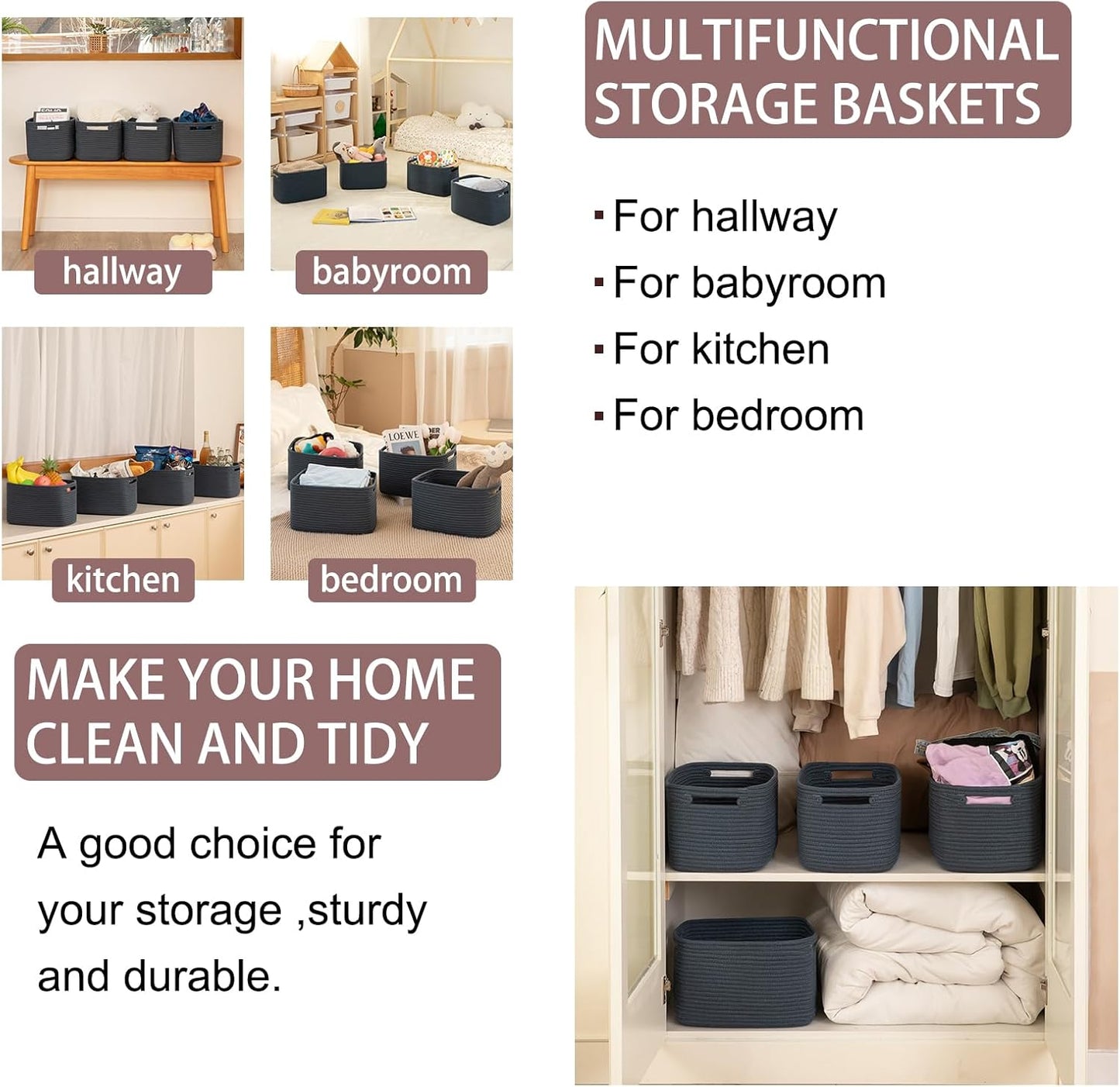 OIAHOMY 4 Pack Storage Baskets for Organizing, Cube Storage Bins for Shelves, Rectangle Storage Baskets With Handles, Woven Baskets for Storage, 12.7''Lx9''Wx7.8''H, Blue