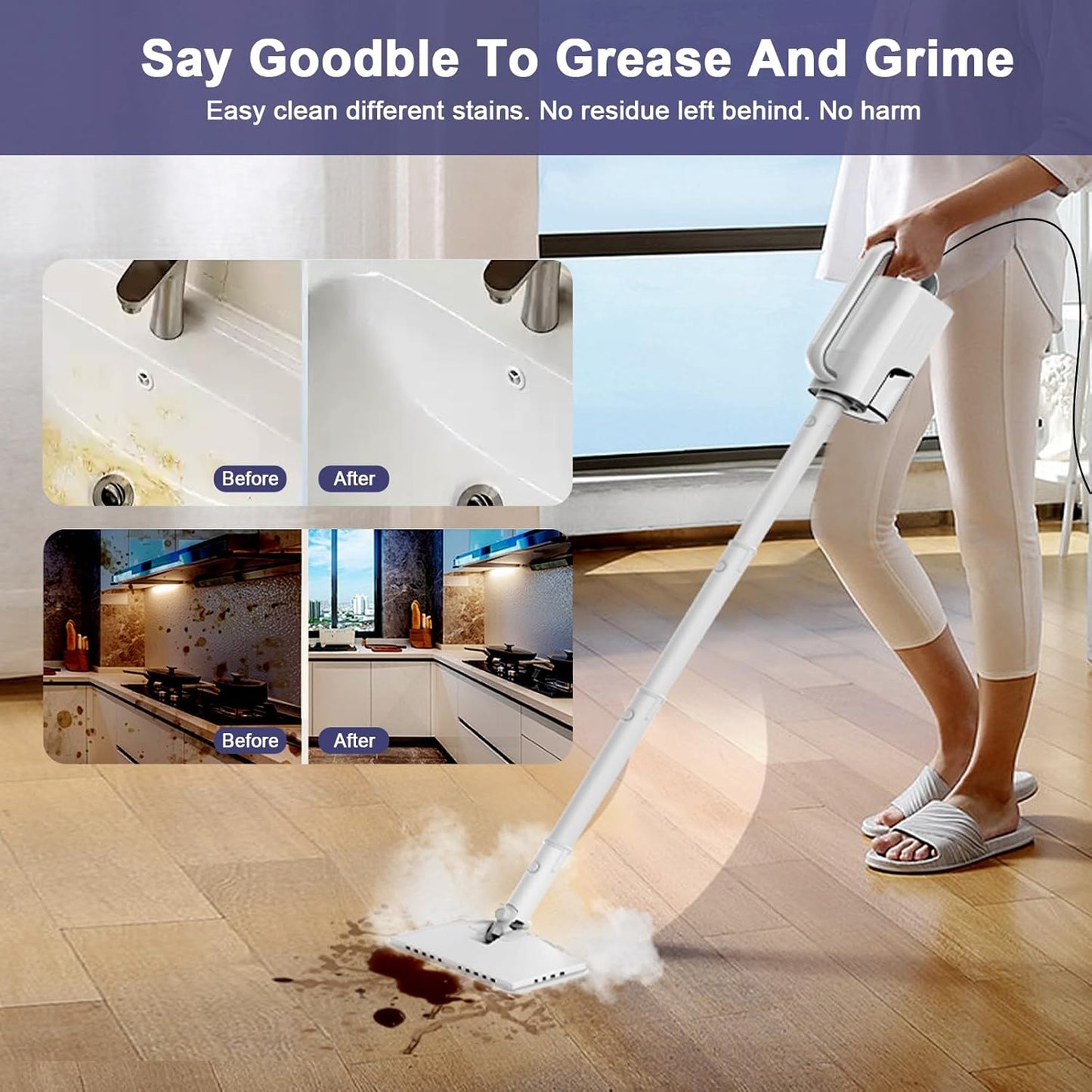Steam Cleaner, 6 in1 Rotated Steam Mop Cleaner with 2 Modes, 2 Microfiber Pads, 400ML Removable Tank, 23FT Power Cable, Detachable Steam Mops for Floor, Laminate Floor, Tiles Cleaning (Sky White)