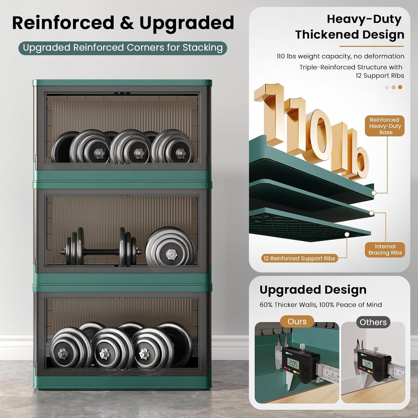 19Gal Collapsible Storage Bins with Lids & Wheels - 1 Pack Stackable with Doors, Heavy-Duty Plastic Containers for Home/Office, Green