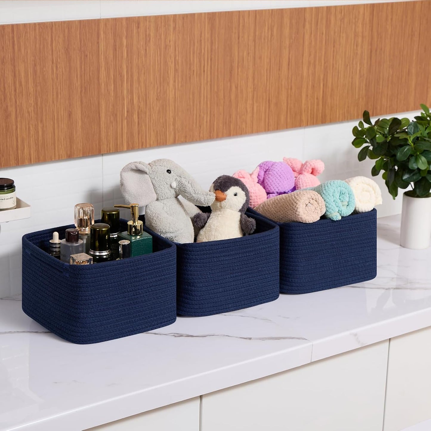 Small Organizing Baskets for Cubes Shelf, 9.7x9.7x7.1 Inch Rope Woven Storage Bins for Nursery Shelves Storage, Cute Toy Basket, Square 3 Packs Navy Blue