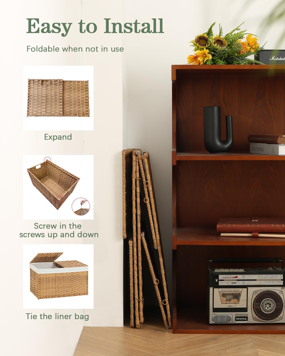 Storage Basket with Lid Wicker Baskets for Storage with 2 Separate Lid 42.3 Gallon (160 L) 29.9 x 17.3 x 18.1 Inches Rattan Woven Large Wicker Basket with 2 Liners for Bedroom Laundry Natural