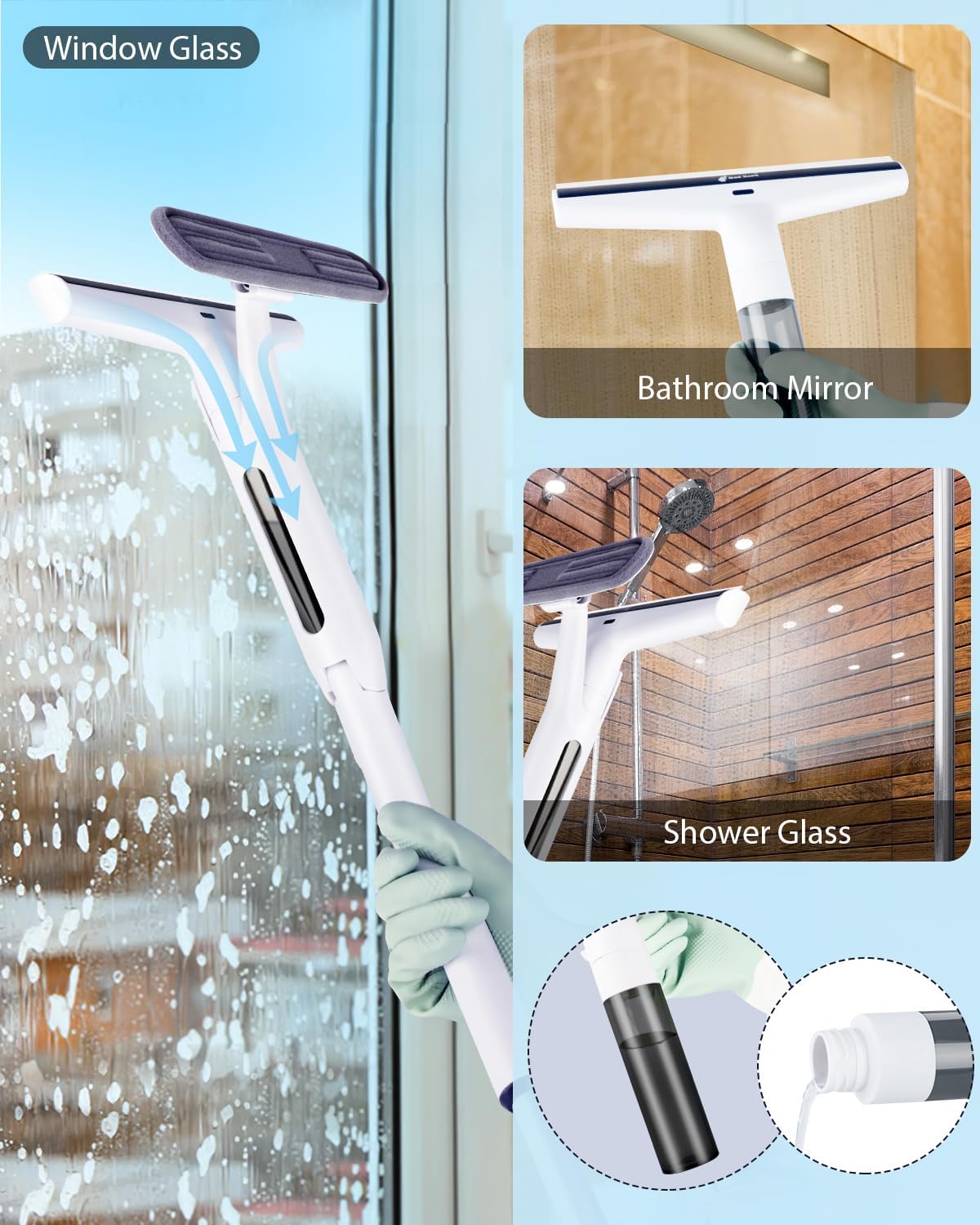 Red Horn Window Squeegee with Long Handle, Mirror Window Cleaning Squeegee Kit with Washable Pad and Blade Cleaner for Glass,Wall, Window, Mirror.White Color