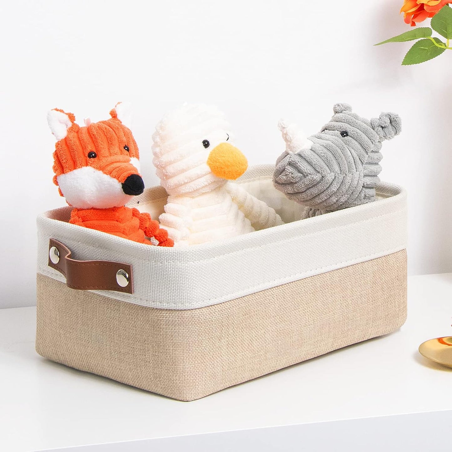 DULLEMELO Small Collapsible Fabric Basket for Organizing, Shelves, Closets, Laundry, Nursery, Decorative Gift Basket (White&Khaki)