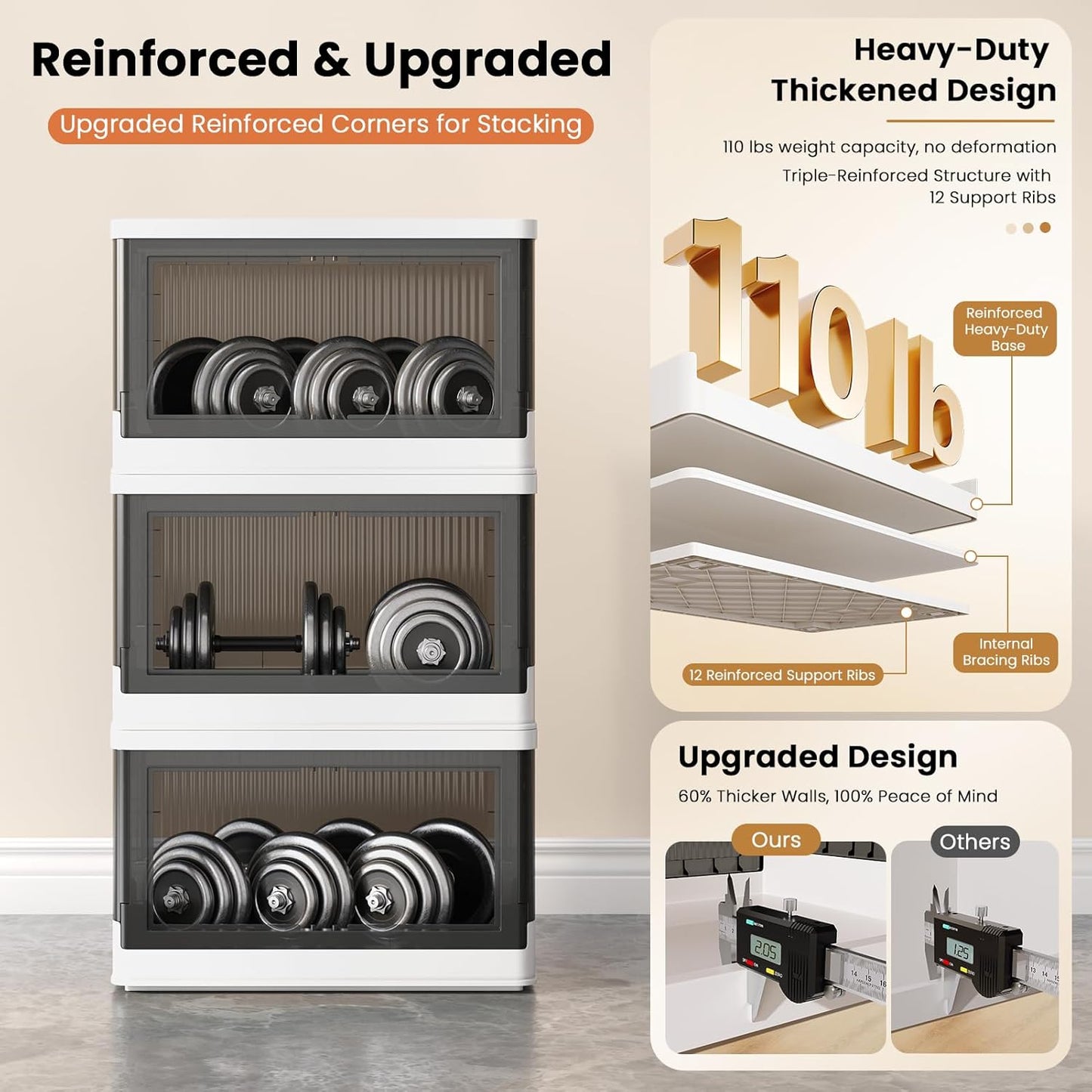 8.4Gal Collapsible Storage Bins with Lids & Wheels - 2 Pack Stackable with Doors, Heavy-Duty Plastic Containers for Home/Office, White