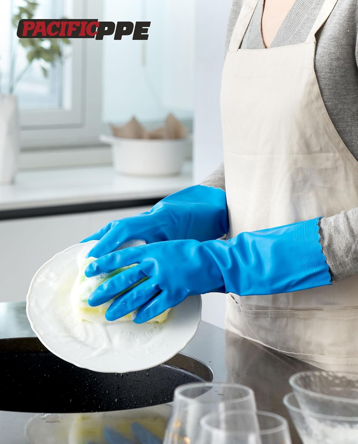 PACIFIC PPE 4 Pairs Reusable Dishwashing Cleaning Gloves with Latex Free, Cotton Lining, Kitchen Gloves, Blue, Large