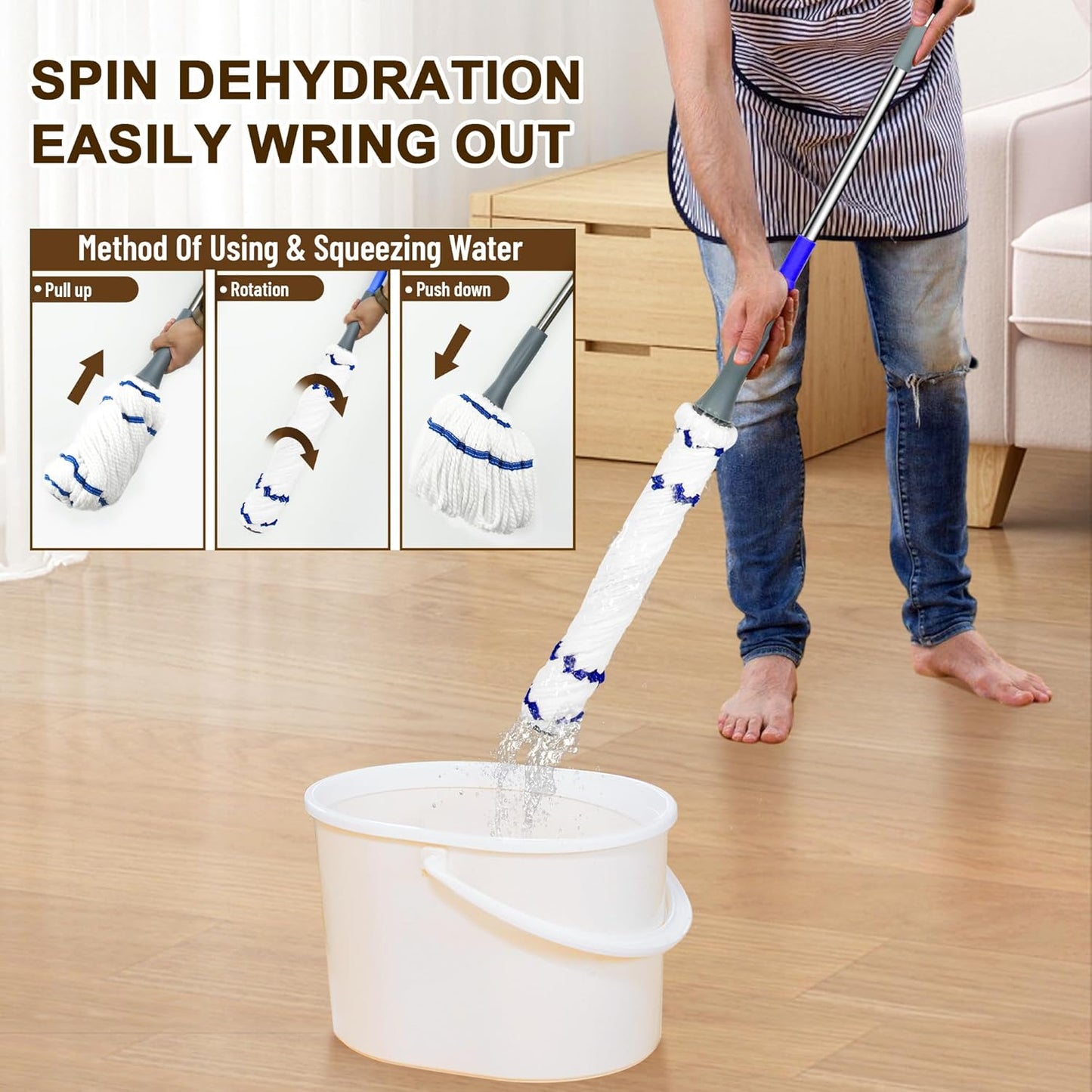 Self Wringing Floor Cleaner with 52.5 Inch Long Handle, Heavy Duty Wet Mop for Hardwood, Tile, Vinyl, Laminate Floors (White)