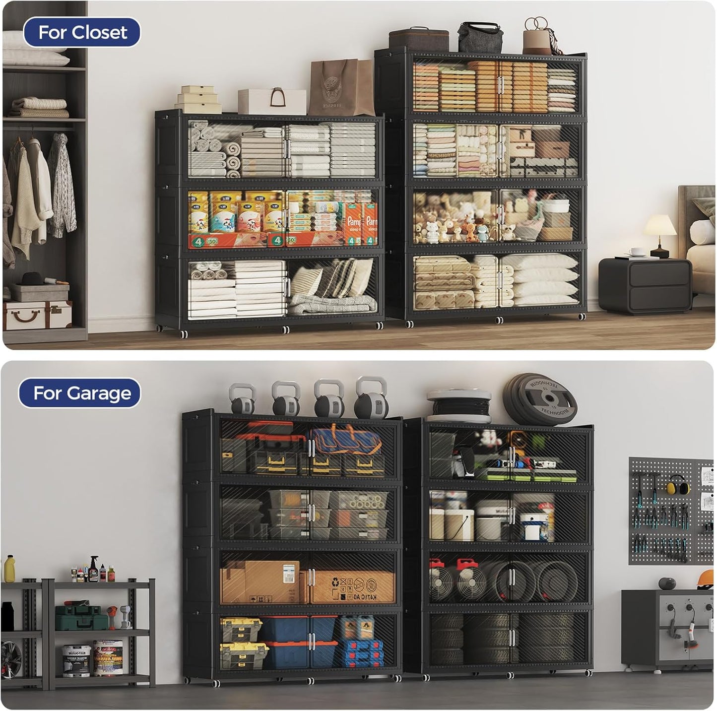 200GAL Extra Large Storage Bins with Lid, 800QT Collapsible Organizer with Wheels, Stackable Closet Cabinet with Doors, Folding Storage Containers for Home, Office, Dorm, 4Pack Black