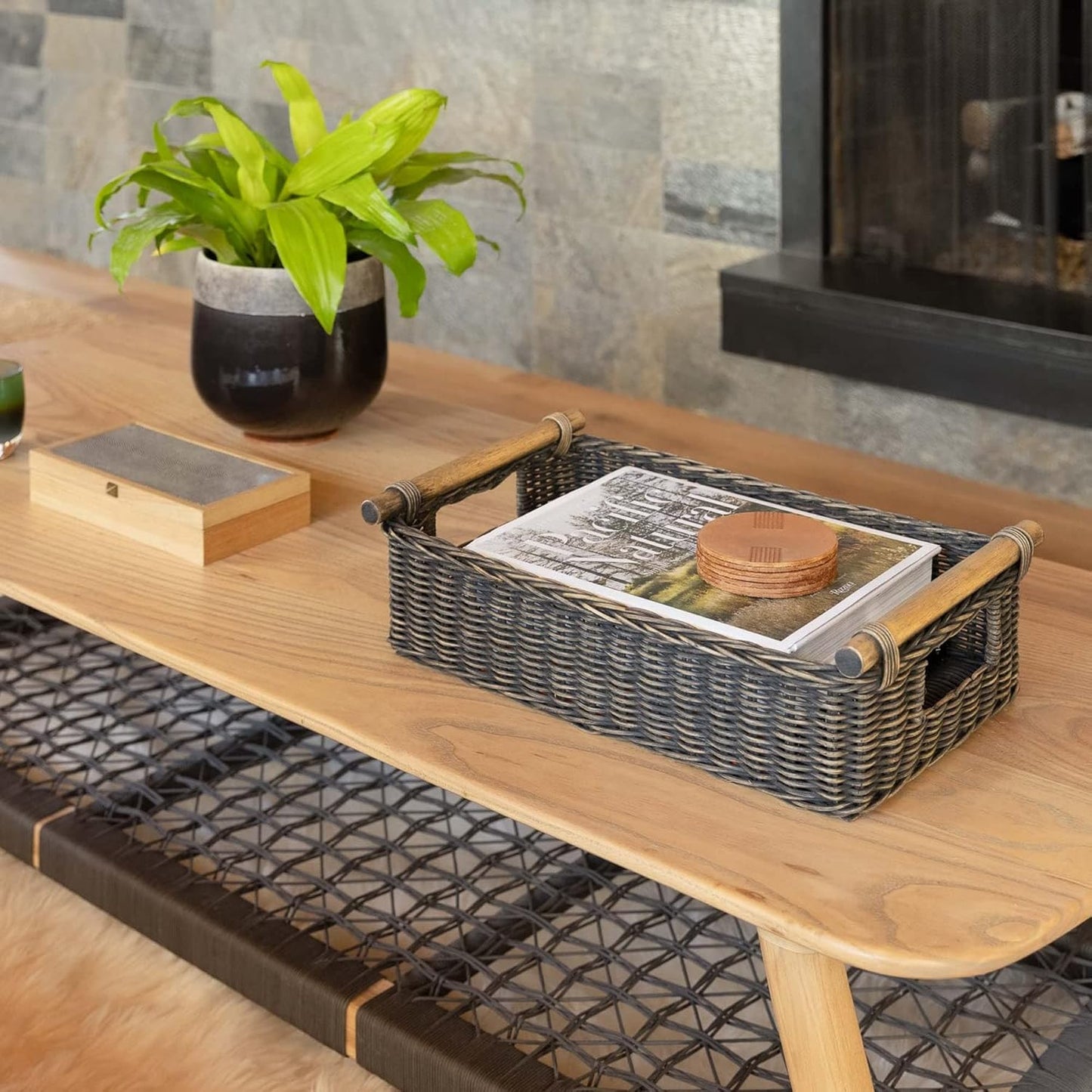 The Basket Lady Low Pole Handle Wicker Storage Basket, Large, 19.5 in L x 12.5 in W x 6 in H, Sandstone