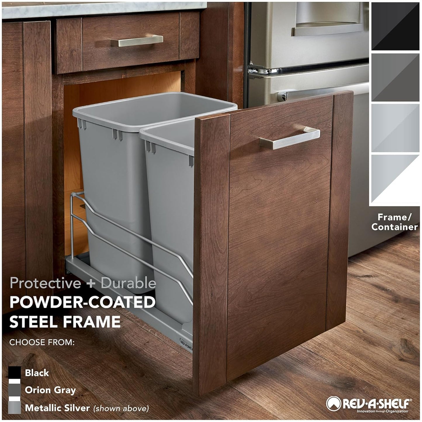 Rev-A-Shelf Double Pullout Trash Can for Base Kitchen Cabinets 27 Quart 12.5 Gallon with Soft-Close Slides, Metallic Silver, 53WC-1527SCDM-217