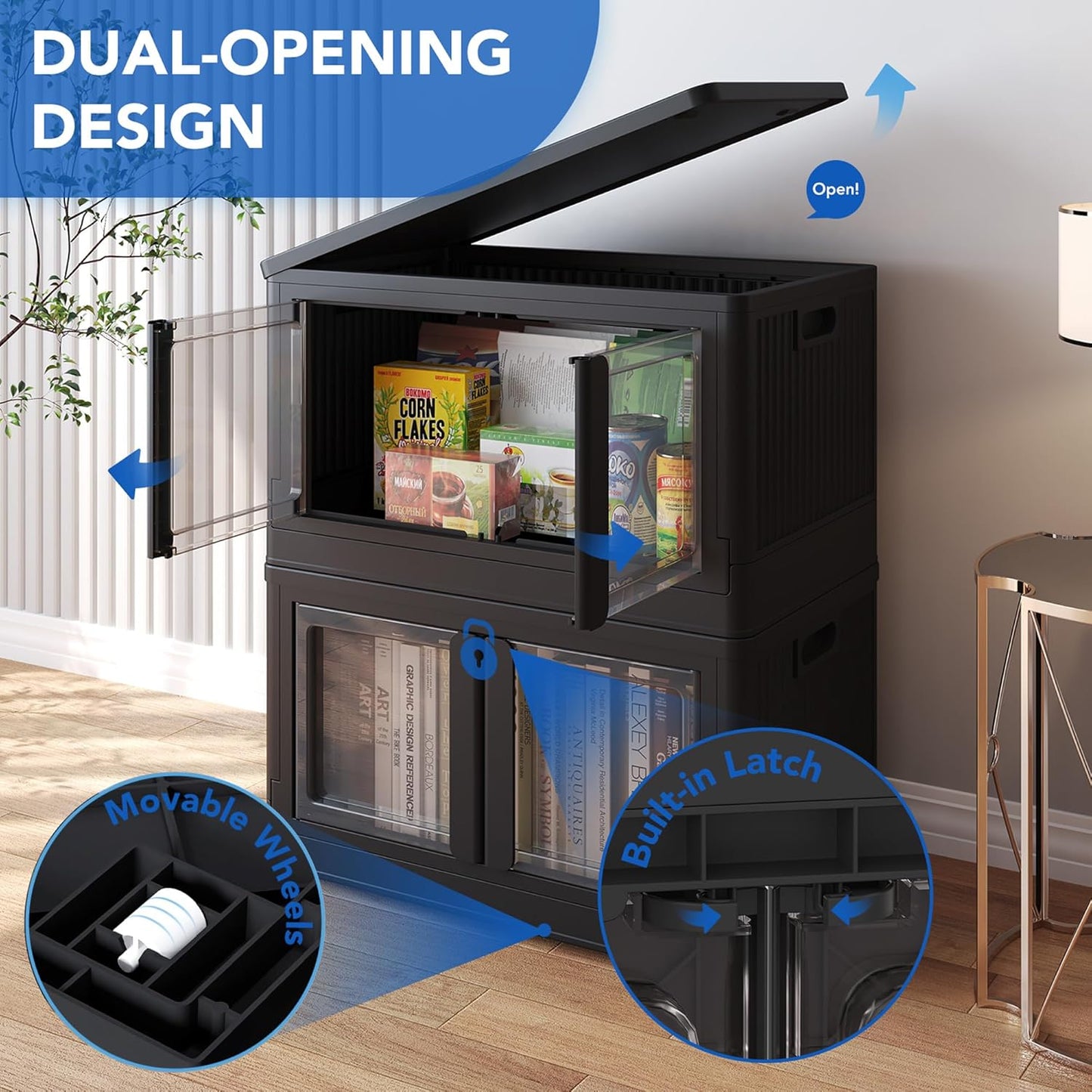 FLEXIMOUNTS 152 QT Stackable Storage Bins With Lids, Collapsible Plastic Storage Bins, Closet Organizers and Containers with Doors and Built-in Wheels For Home, 2 Pack Cubes, Milky White