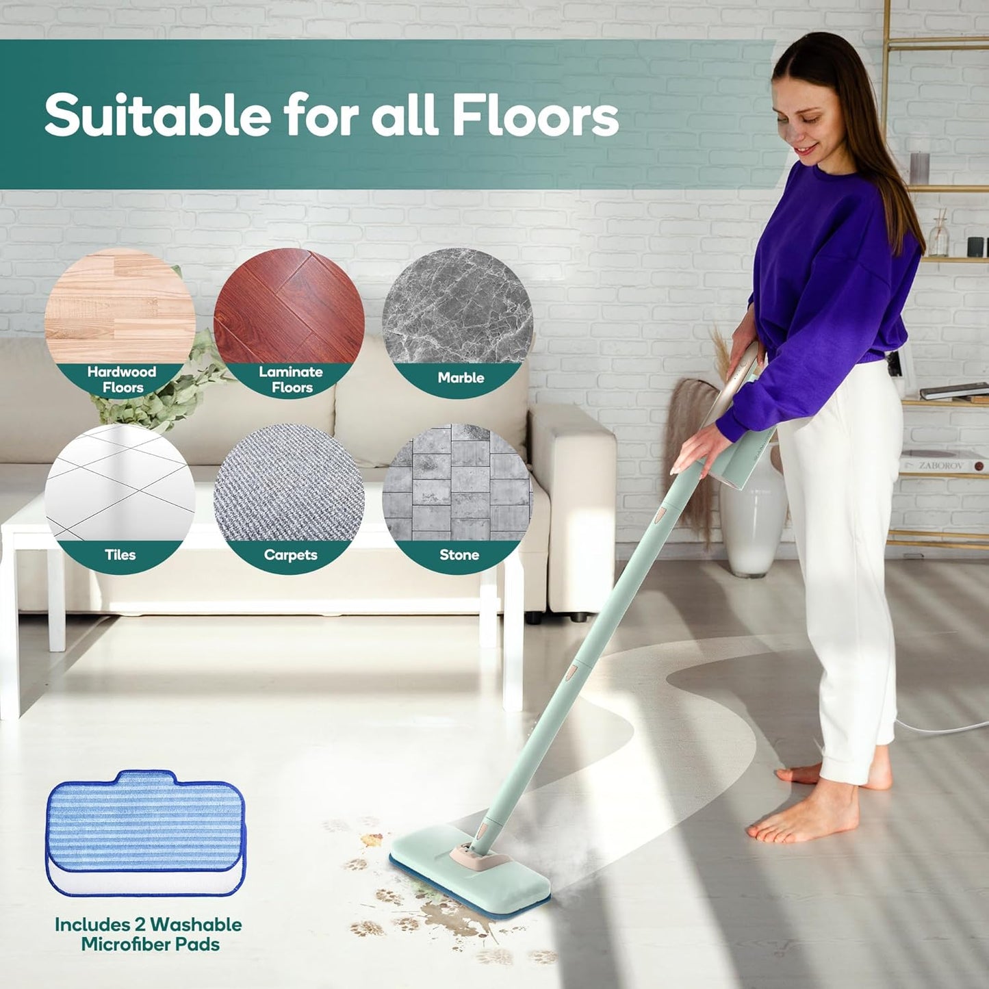 Newbealer Steam Mop & Detachable Handheld Cleaner, 250ml 1200W Powerful Floor Steamer, 3 Adjustable Levels for Carpet Laminate Hardwood Grout, Carpet Glider, 11 Multi-purpose Accessories & 2 Pads