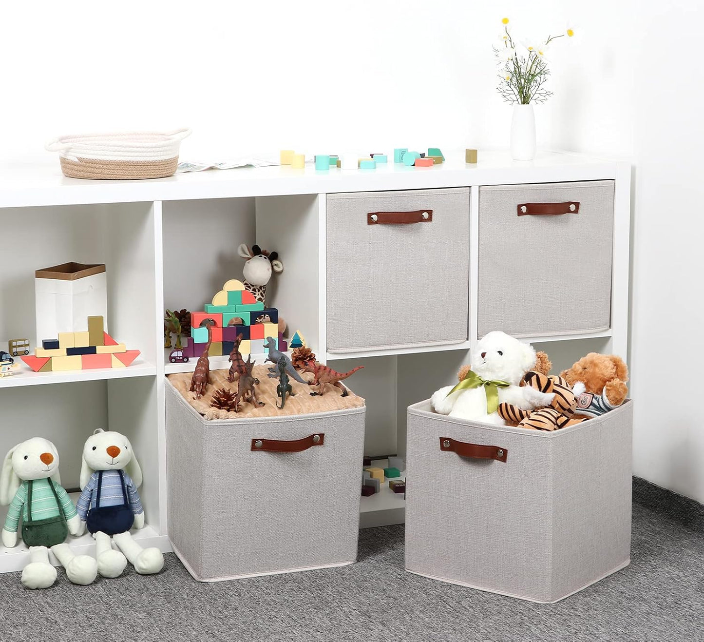 Temary Fabric Storage Cubes Storage Bins with Dual Leather Handles, 4 Pack Cube Baskets 13x13 Foldable Cube Organizers for Shelves, Home, Office, Nursery