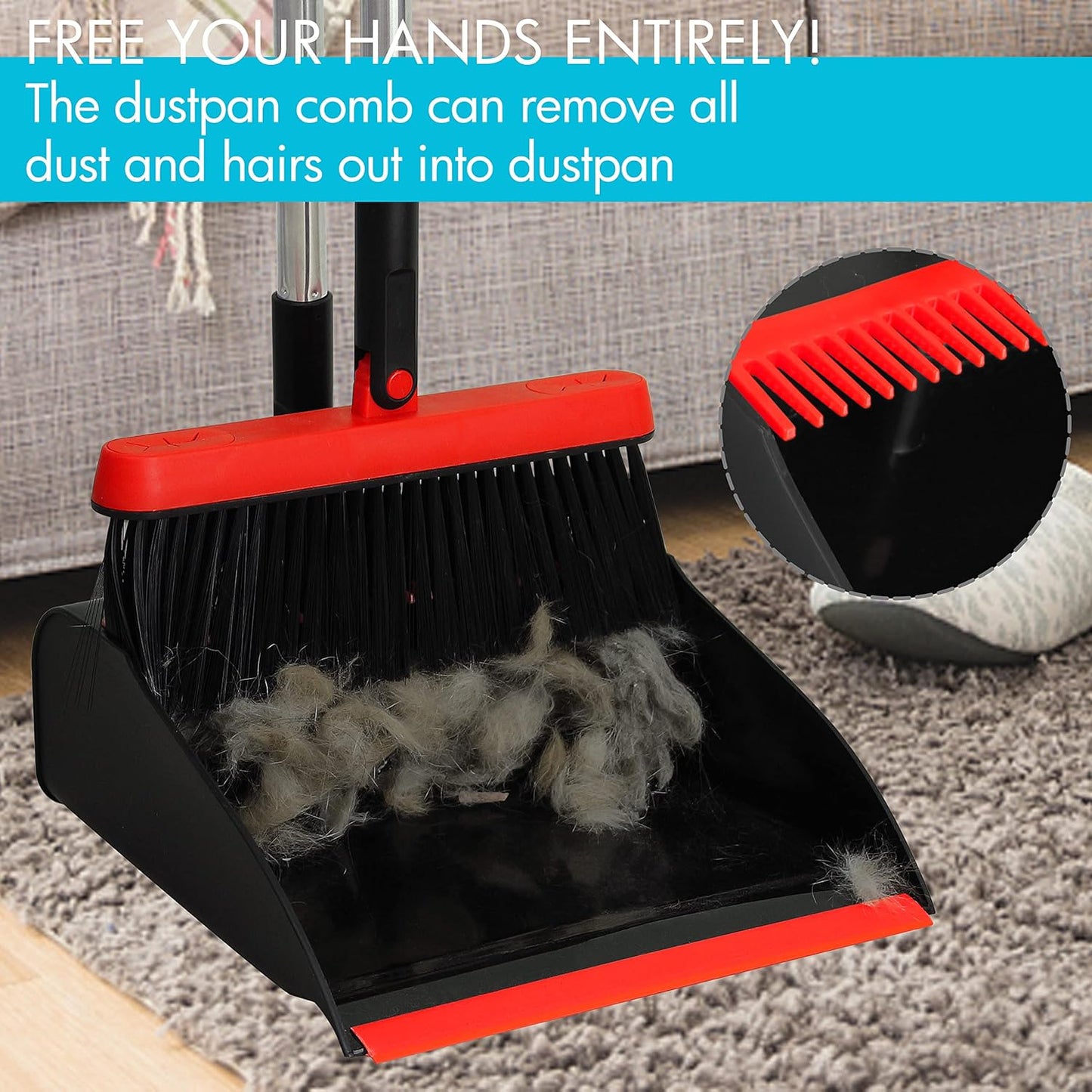 PHYEX 2-Pack Broom and Dustpan Combo Set, with 48" Adjustable Long Stainless Handles, Stand Up Dustpan with Self-Cleaning Teeth, Ideal for Home, Office, Kitchen, Indoor & Outdoor Use, Black