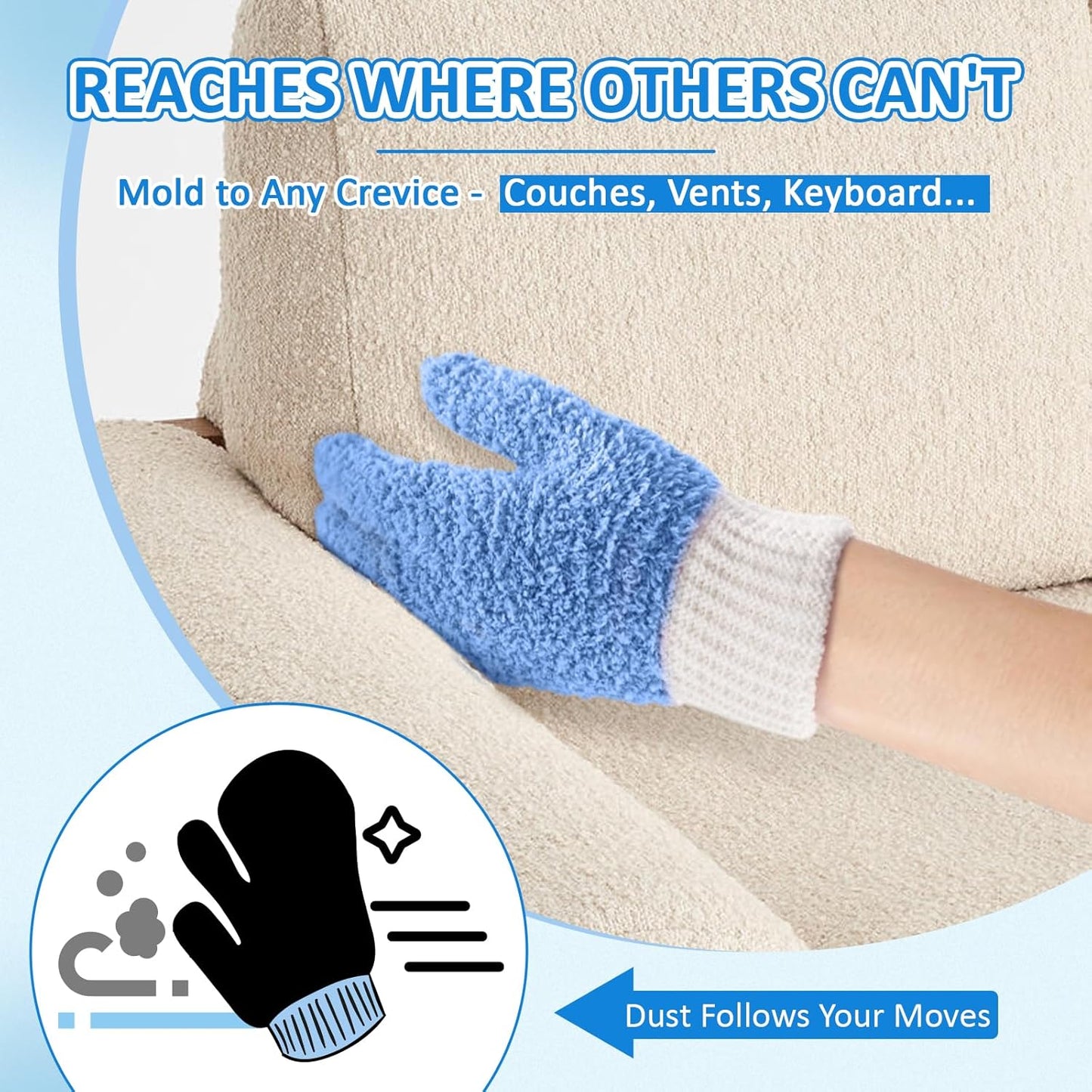 MIG4U Microfiber Dusting Gloves House Cleaning Glove for Blinds, Windows, Shutters, Furniture, and Car, Reusable Lint-Free Blue S/M