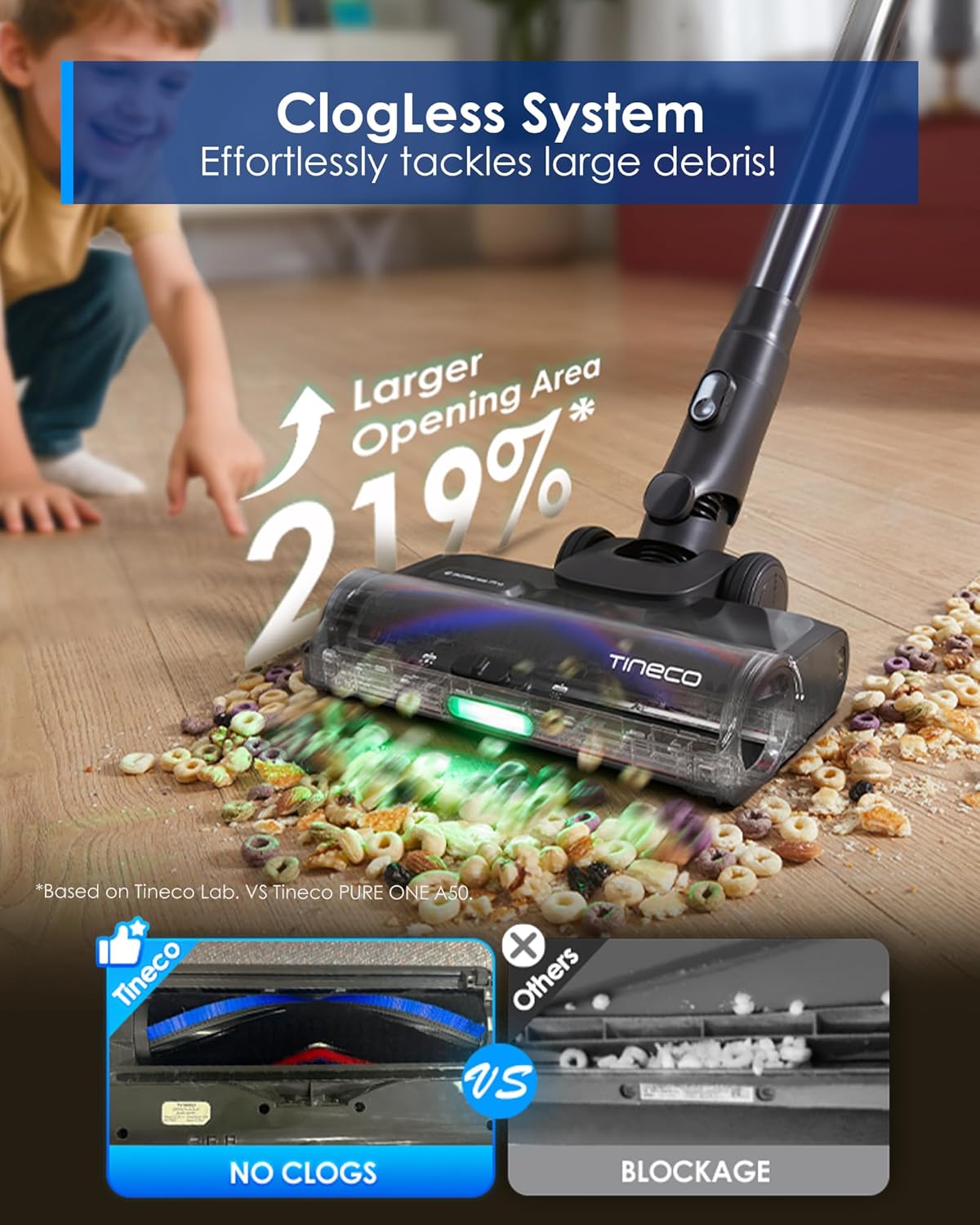 Tineco Pure ONE S70 Cordless Vacuum Cleaner, 200AW Powerful Suction, 3D Sense Pro Cleaning System, 6-Stage Filtration with 95min Runtime, Zero Tangle Brush with 180° Foldable Tube (Blue-Gray)