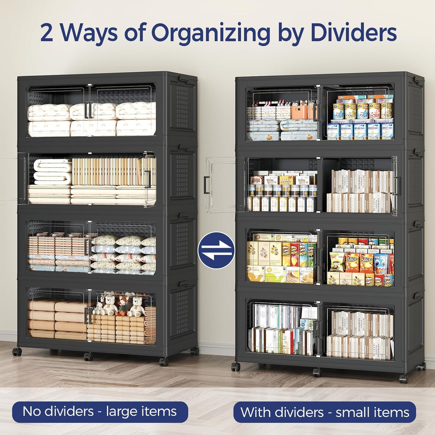 120GAL Storage Bins with Lid and Wheels, Stackable Closet Organizers and Storage Drawer, Collapsible Storage Box with Dividers, Foldable Plastic Cabinets Cubes Totes for Garage, 3 Pack Black