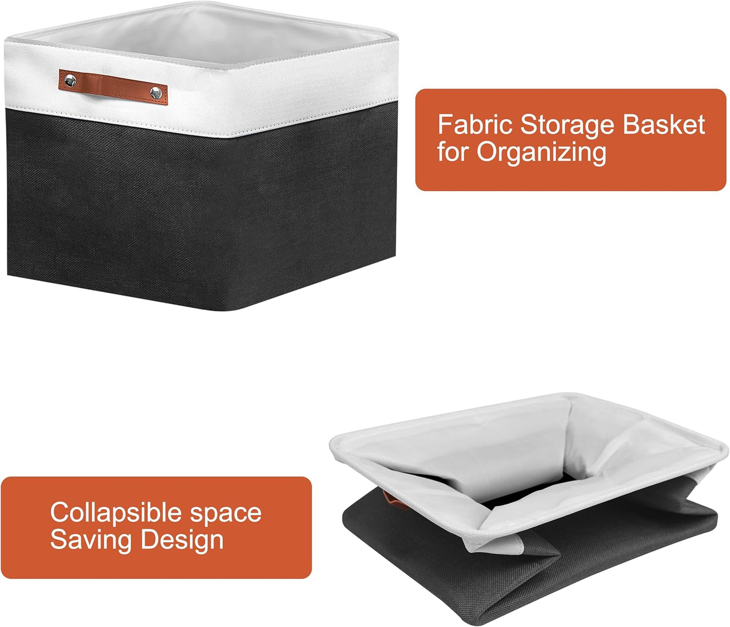 13in Open Fabric Storage Basket with Leather Handles for Organizing, Collapsible Linen Closet Bins for Shelves, Closets, Laundry, Decorative Basket for Gifts. (White&Black, 2PCS/13x13in)