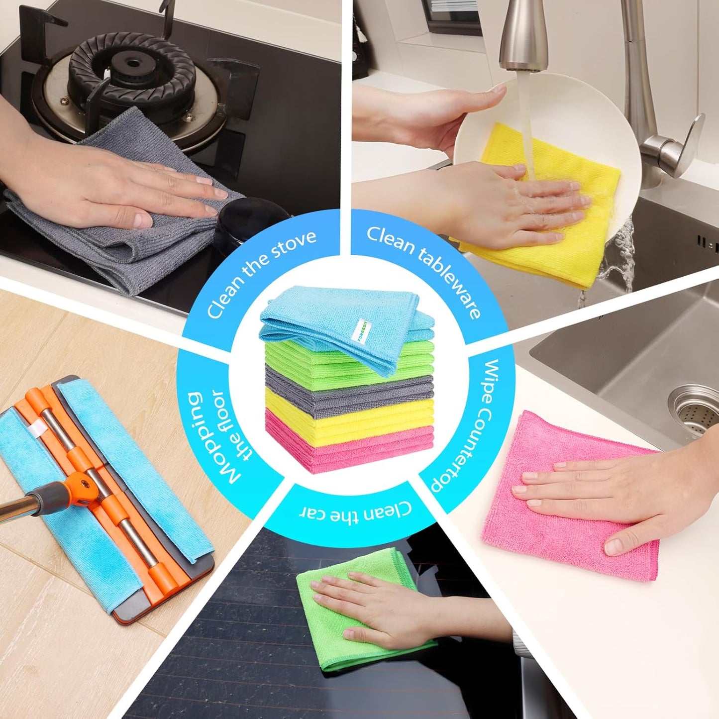 15pcs Microfiber Cleaning Cloth Lint Free, Absorbent, Streak Free, Non-Abrasive, Reusable and Washable,Cleaning Towels with 5 Color Assorted,11.5"X11.5"(Green/Blue/Yellow/Pink/Grey)