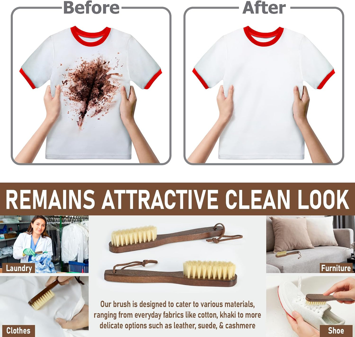 Takavu White Boar Bristle Laundry Stain Brush Set (2 Pack) - Small Spot Cleaner Scrubber for Clothes, Fabric Pre-Wash Treatment, Delicate Garment Care