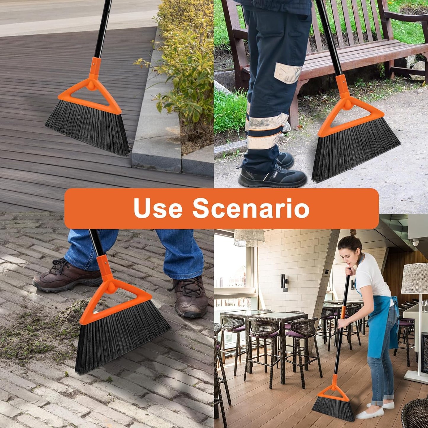 4 PCS Outdoor Indoor Broom, Brooms for Sweeeping Indoor, Heavy-Duty Kitchen Broom with Long Pole, Angle Broom Orange for Garages Restaurant Courtyard Office Slidewalk Lobby Sweep Dust