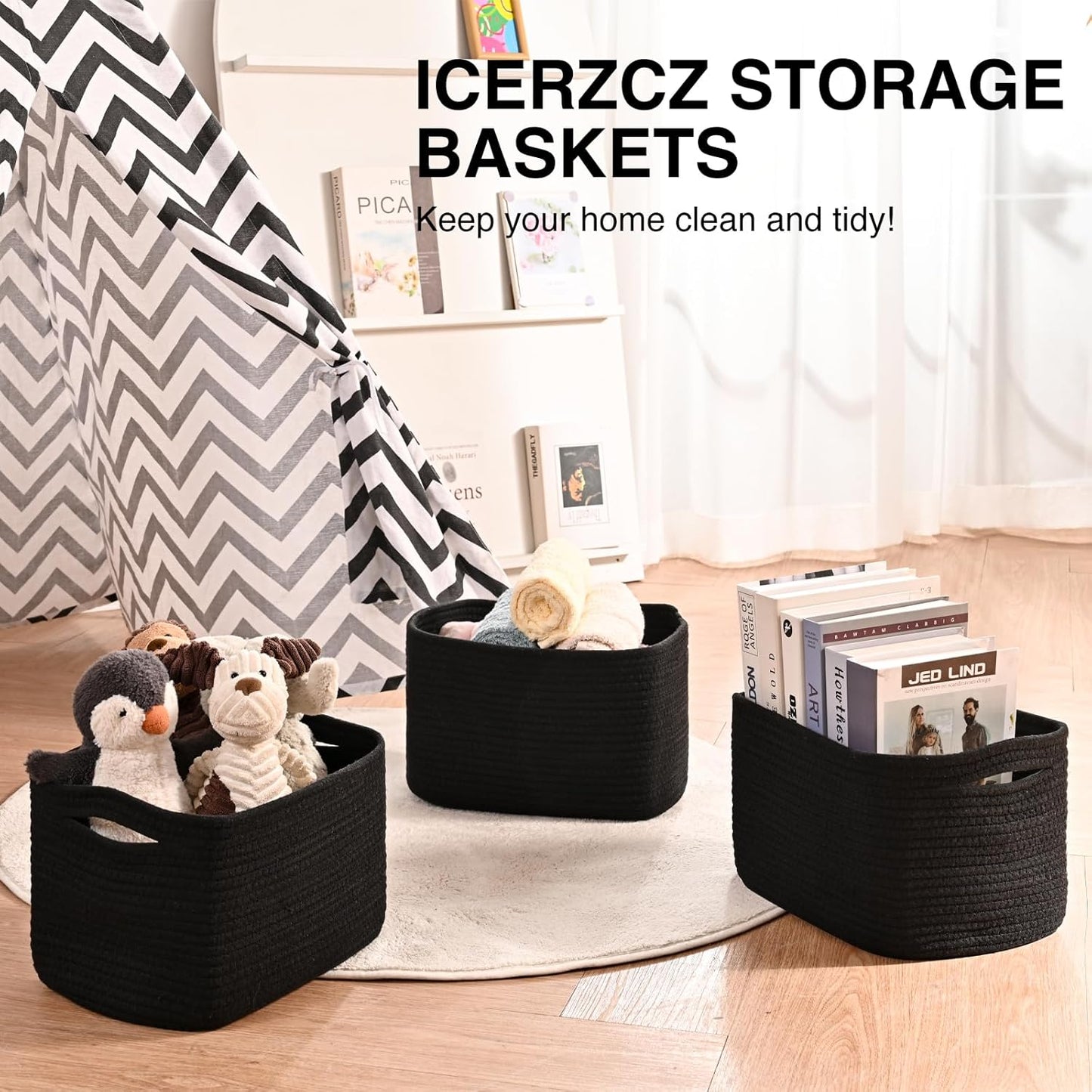 Black Storage Baskets for Shelves, Small Storage Baskets for Organizing, Woven Cotton Rope Baskets for Storage, Book Basket, Decorative Shelf Basket, 12.5"Lx9.1''Wx7.9''H (4 Packs) Black