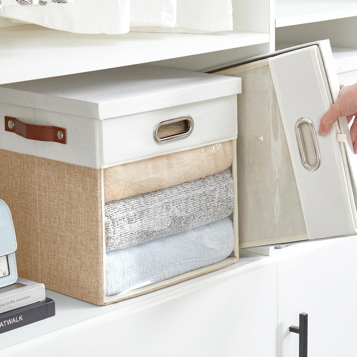 Fabric Storage Cubes with Clear Windows and Lids, 13'' Foldable Storage Bins with 3 Handles, Decorative Storage Boxes for Home, Bedroom, Closet, Office (Beige & White)