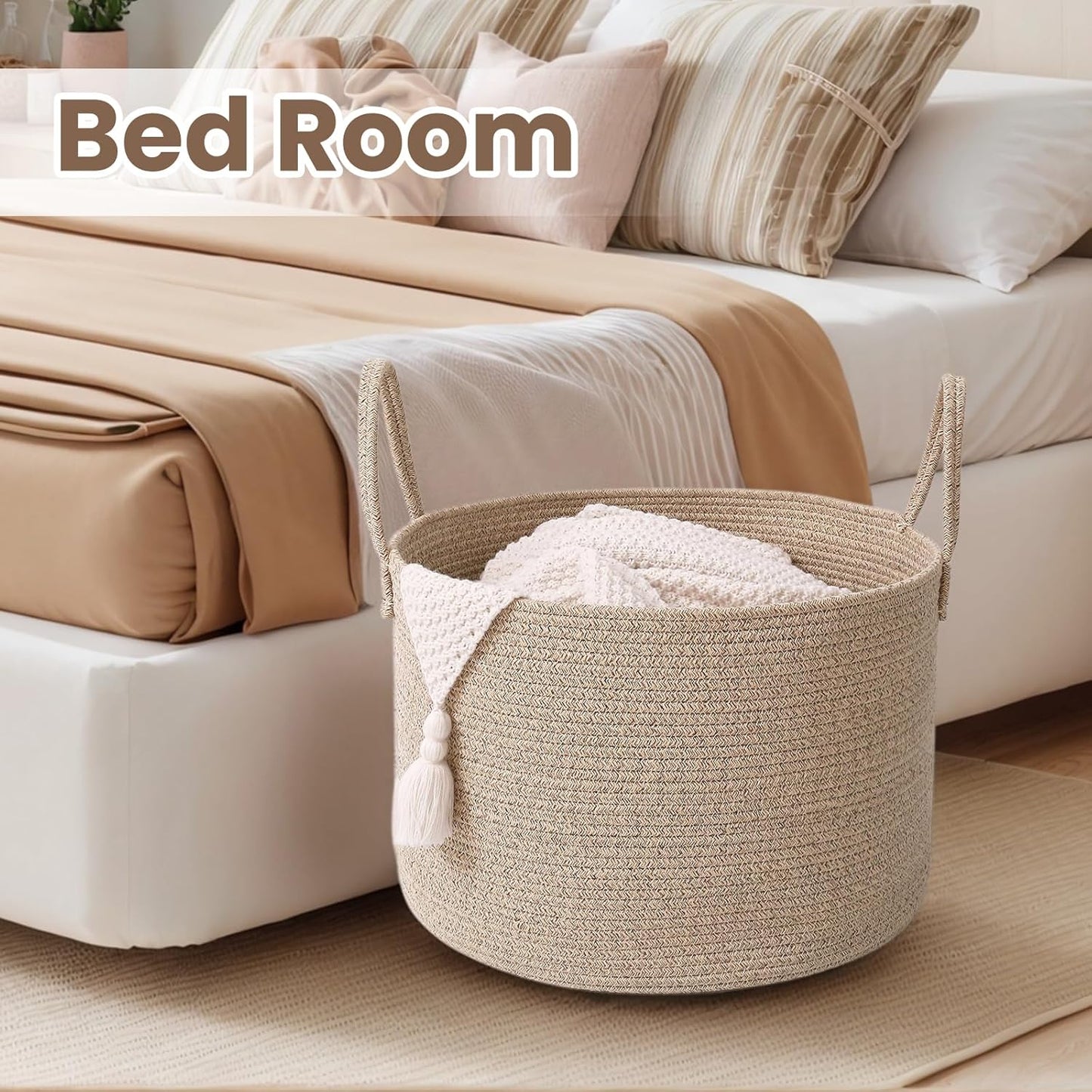 Woven Blanket Basket,115L Large Rope Storage Bin with Handles, Organizer for Blankets Toys Book and Clothes, Laundry Basket for Living Room Bedroom Nursery,Oatmeal