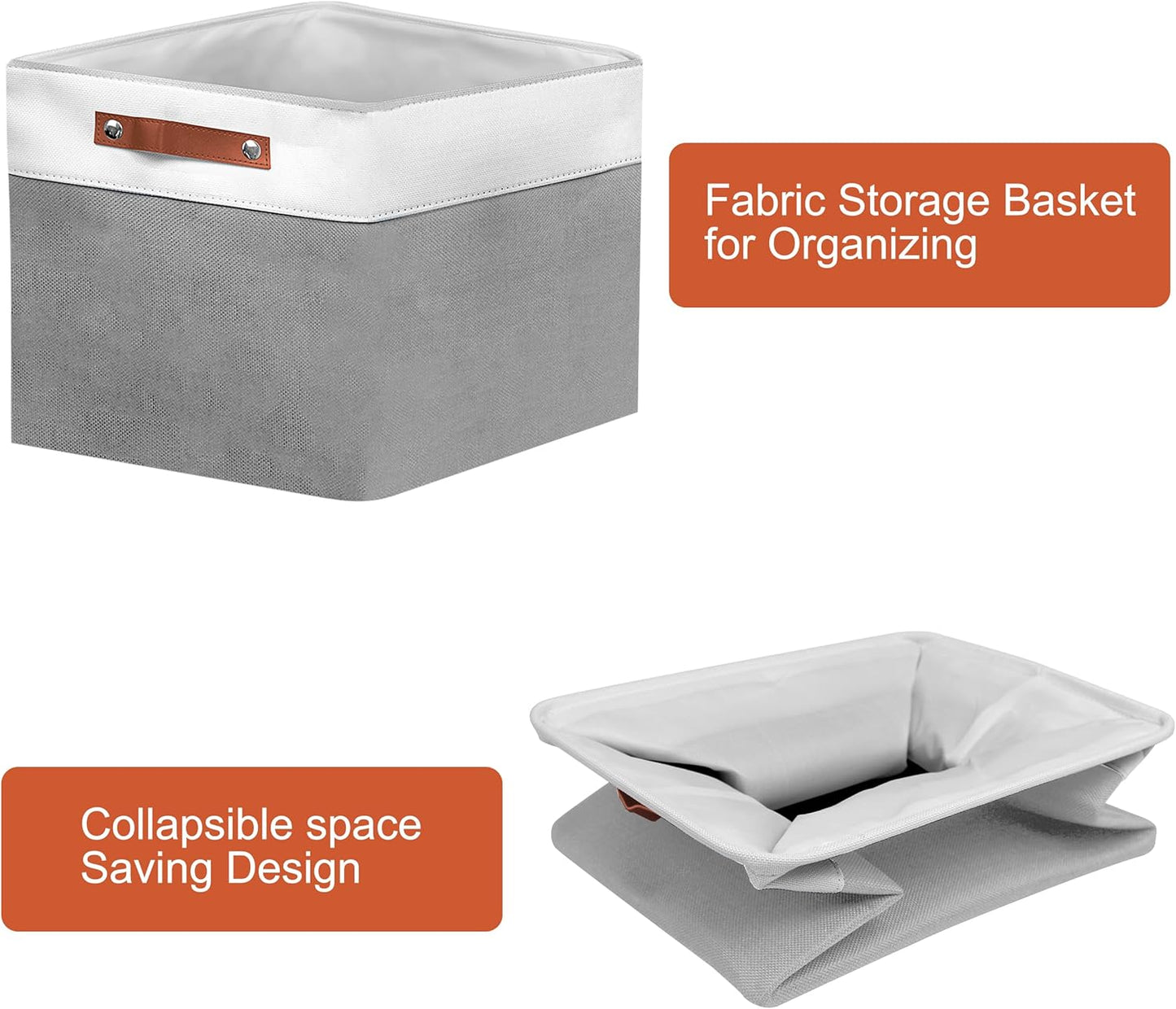 12in Open Fabric Storage Basket with Leather Handles for Organizing, Collapsible Linen Closet Bins for Shelves, Closets, Laundry, Decorative Basket for Gifts. (White&Gray, 3PCS/12x12in)