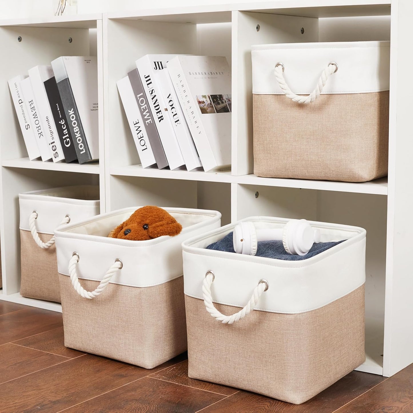11 x 11 Inch Storage Cubes, 6 Pack Large Collapsible Fabric Storage Bin with Ropes, Foldable Storage Cubes for Home, Office,Closet, Clothes, Toys Organizer (White&Beige)
